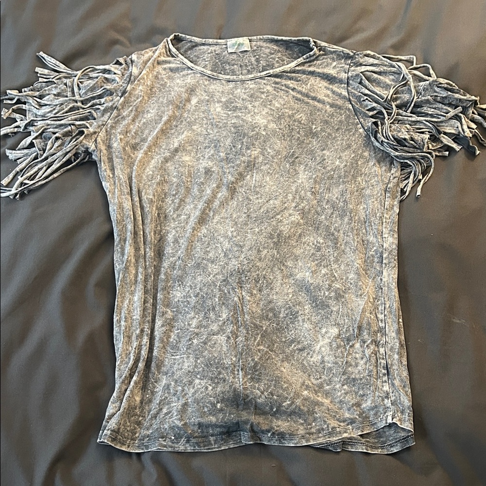 Fringe Sleeve Washed Gray Tee